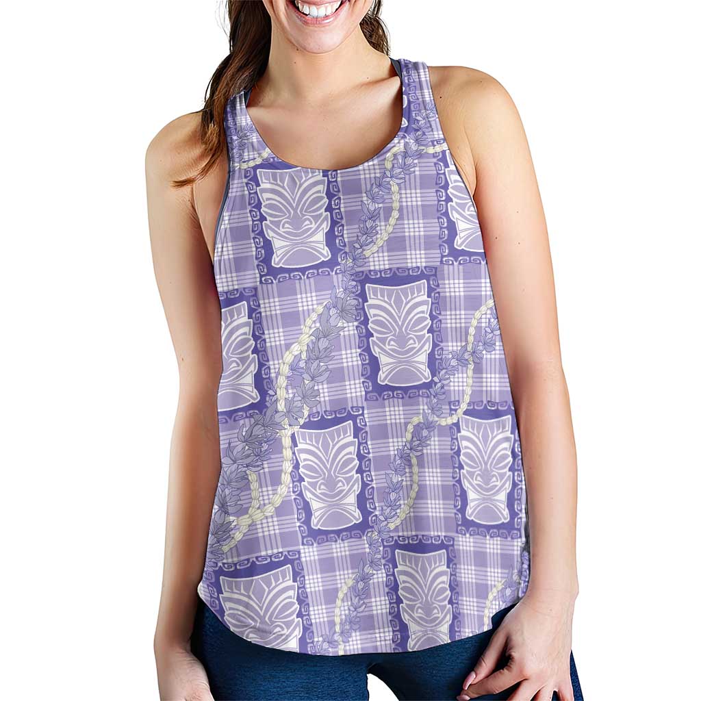 Aloha Hawaii Tiki Palaka Motifs Women Racerback Tank Honohono Lei Purple Elegant Vibes