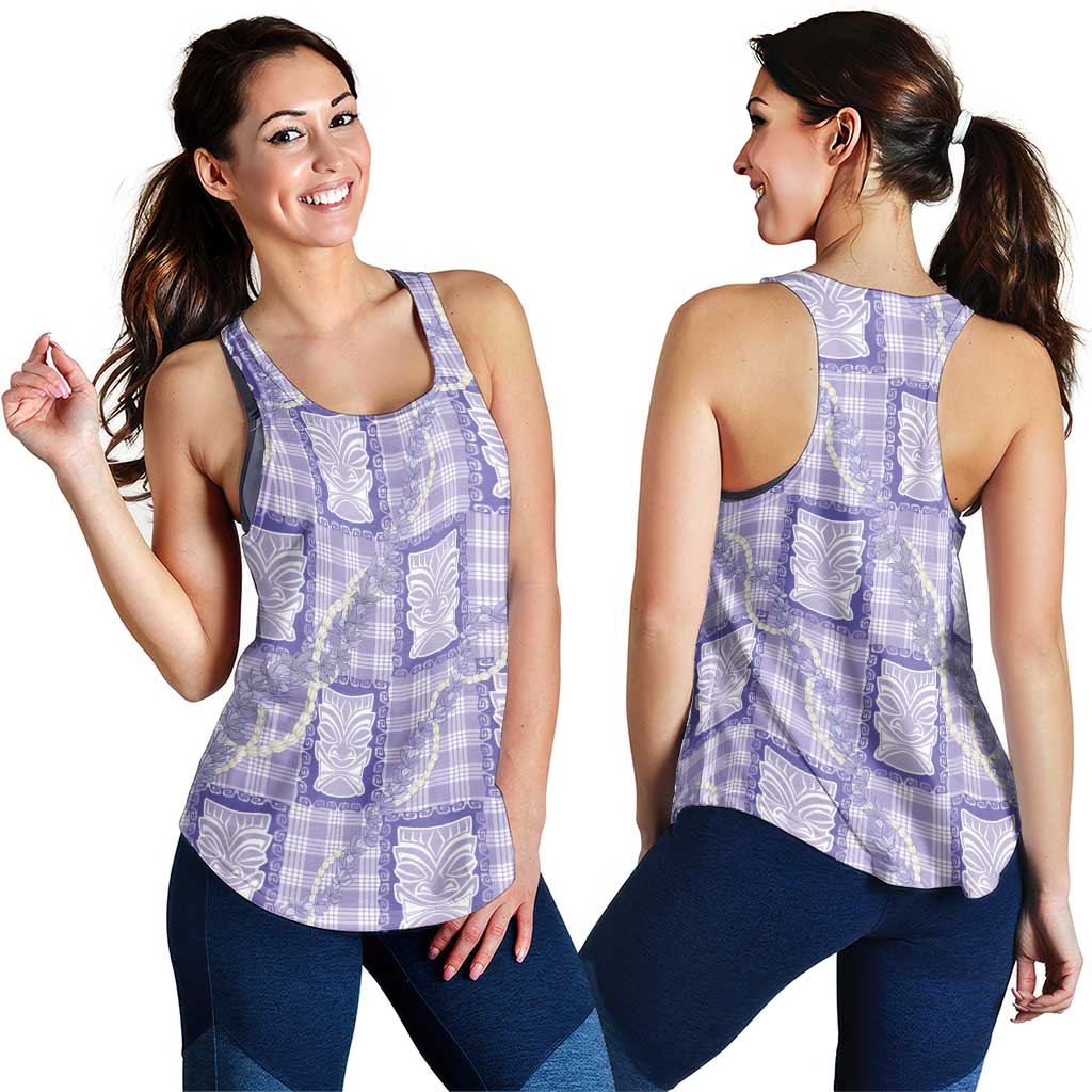 Aloha Hawaii Tiki Palaka Motifs Women Racerback Tank Honohono Lei Purple Elegant Vibes