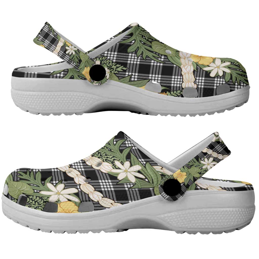 Aloha Puakenikeni Anthurium Pikake Lei Clogs Shoes Black Hawaiian Palaka Pattern