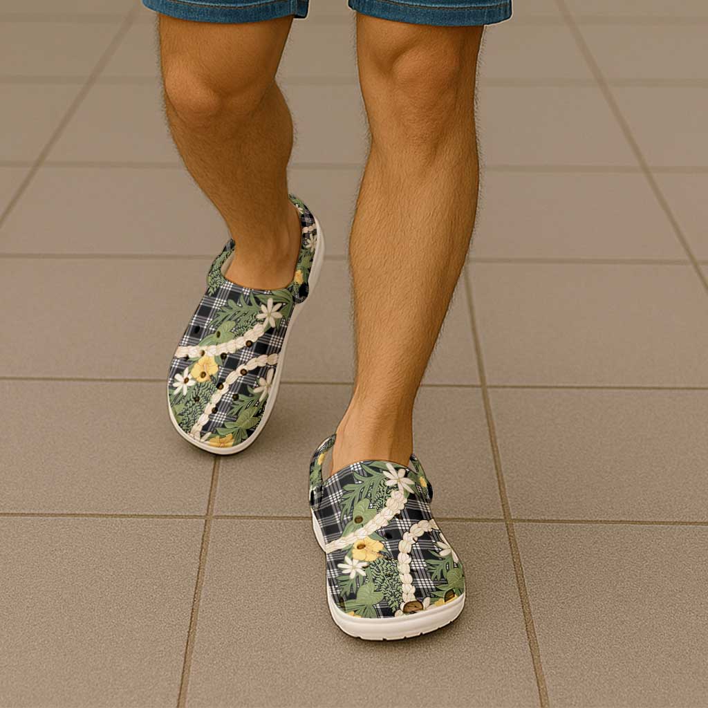 Aloha Puakenikeni Anthurium Pikake Lei Clogs Shoes Black Hawaiian Palaka Pattern