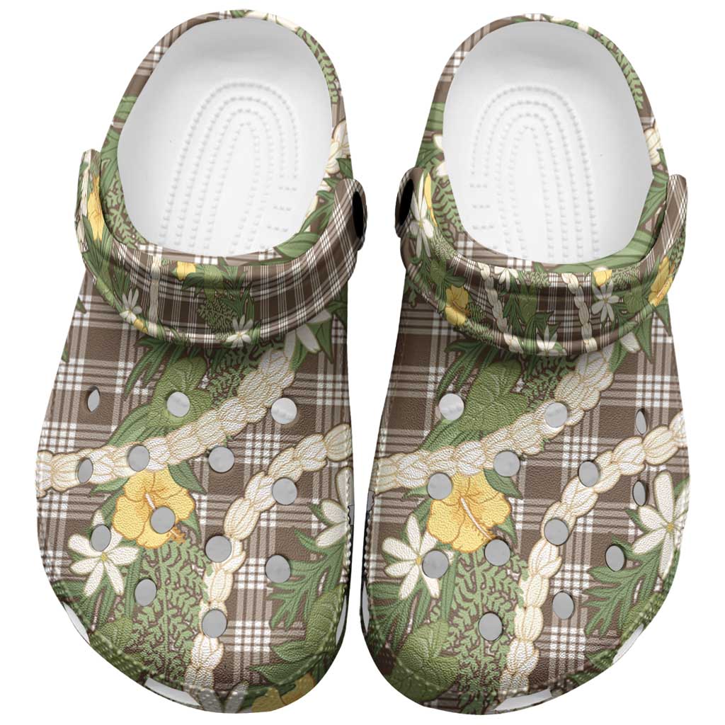 Aloha Puakenikeni Anthurium Pikake Lei Clogs Shoes Chocolate Hawaiian Palaka Pattern