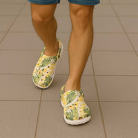 Aloha Puakenikeni Anthurium Pikake Lei Clogs Shoes Gold Hawaiian Palaka Pattern
