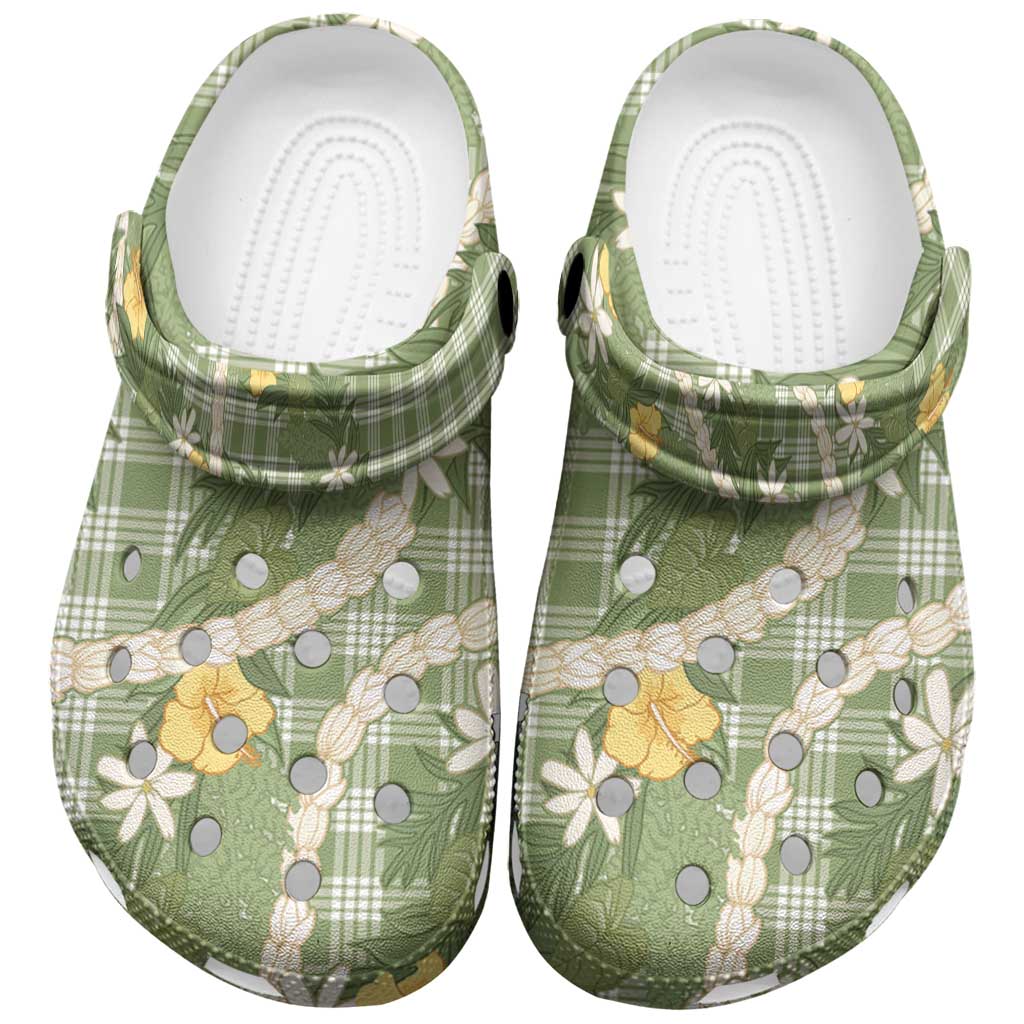 Aloha Puakenikeni Anthurium Pikake Lei Clogs Shoes Green Hawaiian Palaka Pattern