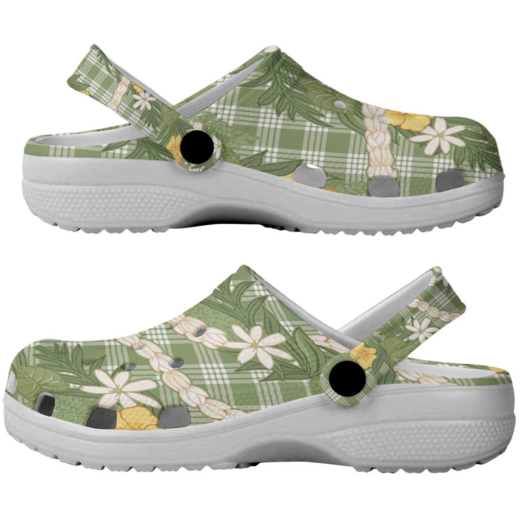 Aloha Puakenikeni Anthurium Pikake Lei Clogs Shoes Green Hawaiian Palaka Pattern