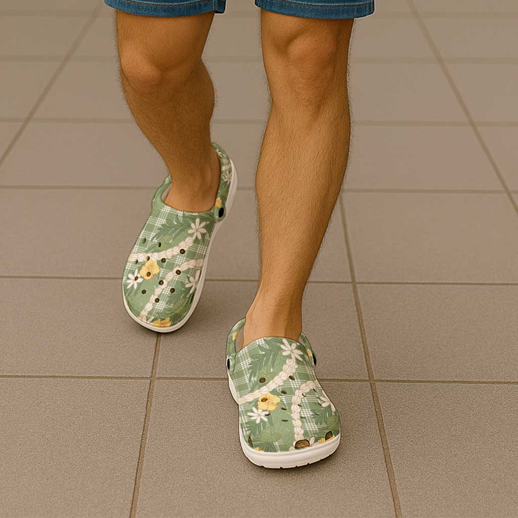 Aloha Puakenikeni Anthurium Pikake Lei Clogs Shoes Green Hawaiian Palaka Pattern