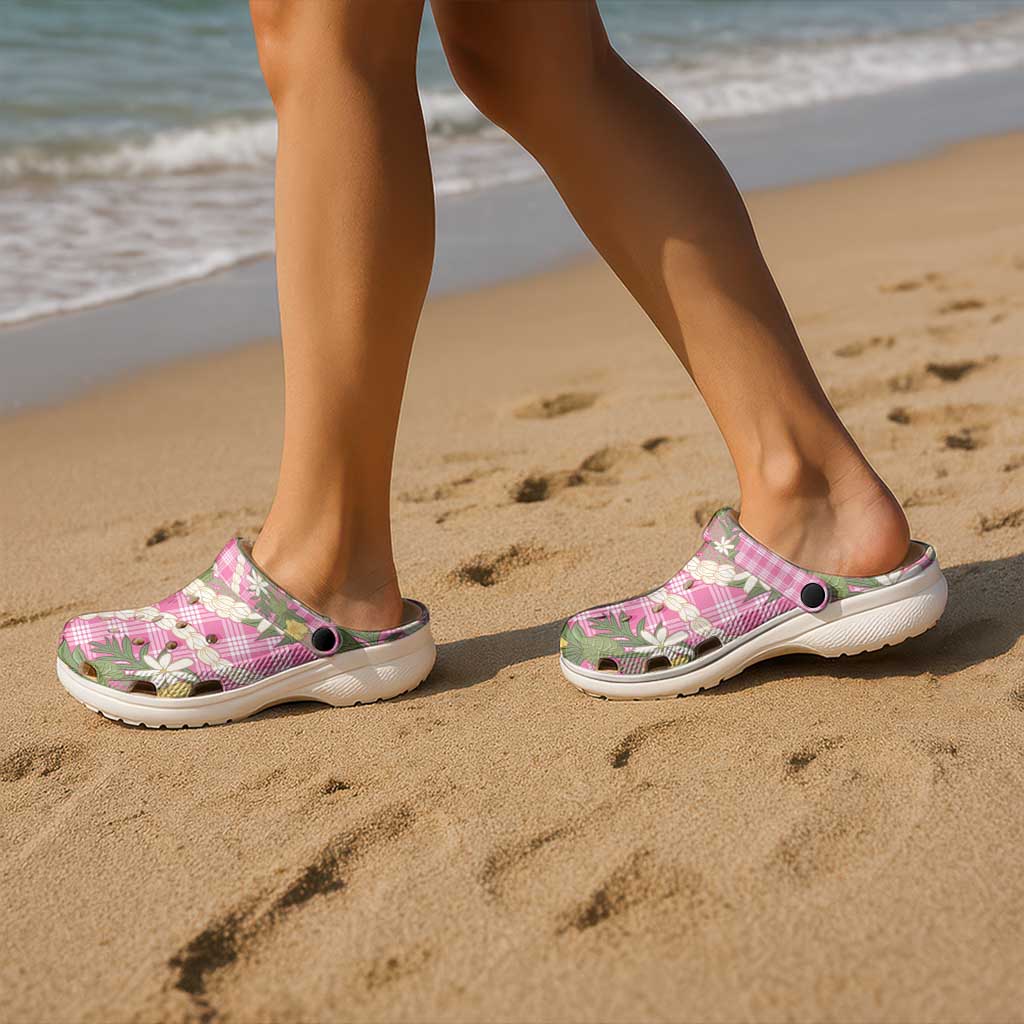 Aloha Puakenikeni Anthurium Pikake Lei Clogs Shoes Tropical Pink Hawaiian Palaka Pattern