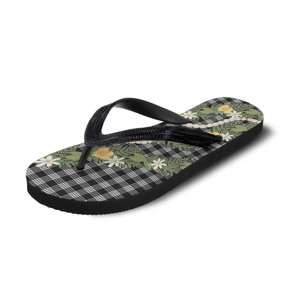 Aloha Puakenikeni Anthurium Pikake Lei Flip Flops Black Hawaiian Palaka Pattern