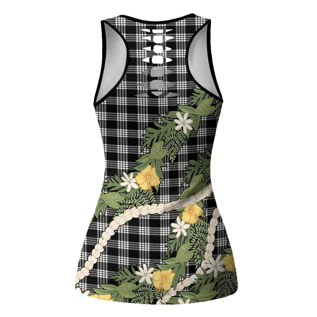 Aloha Puakenikeni Anthurium Pikake Lei Hollow Tank Top Black Hawaiian Palaka Pattern LT9 - Polynesian Pride