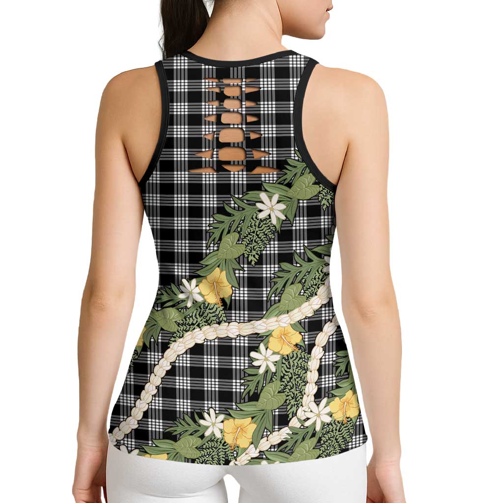 Aloha Puakenikeni Anthurium Pikake Lei Hollow Tank Top Black Hawaiian Palaka Pattern LT9 - Polynesian Pride