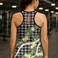 Aloha Puakenikeni Anthurium Pikake Lei Hollow Tank Top Black Hawaiian Palaka Pattern LT9 - Polynesian Pride