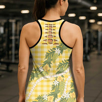 Aloha Puakenikeni Anthurium Pikake Lei Hollow Tank Top Gold Hawaiian Palaka Pattern