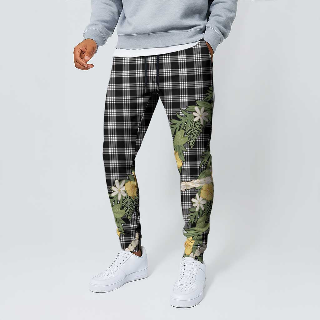 Aloha Puakenikeni Anthurium Pikake Lei Jogger Pants Black Hawaiian Palaka Pattern