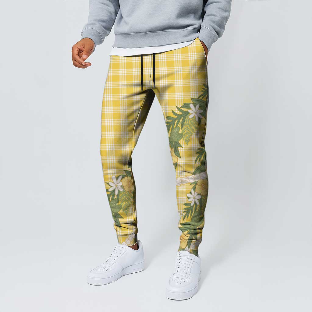 Aloha Puakenikeni Anthurium Pikake Lei Jogger Pants Gold Hawaiian Palaka Pattern