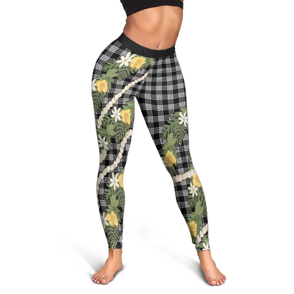 Aloha Puakenikeni Anthurium Pikake Lei Leggings Black Hawaiian Palaka Pattern
