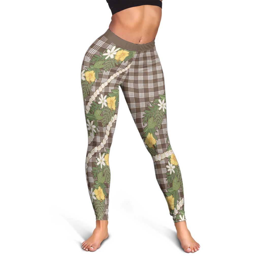 Aloha Puakenikeni Anthurium Pikake Lei Leggings Chocolate Hawaiian Palaka Pattern