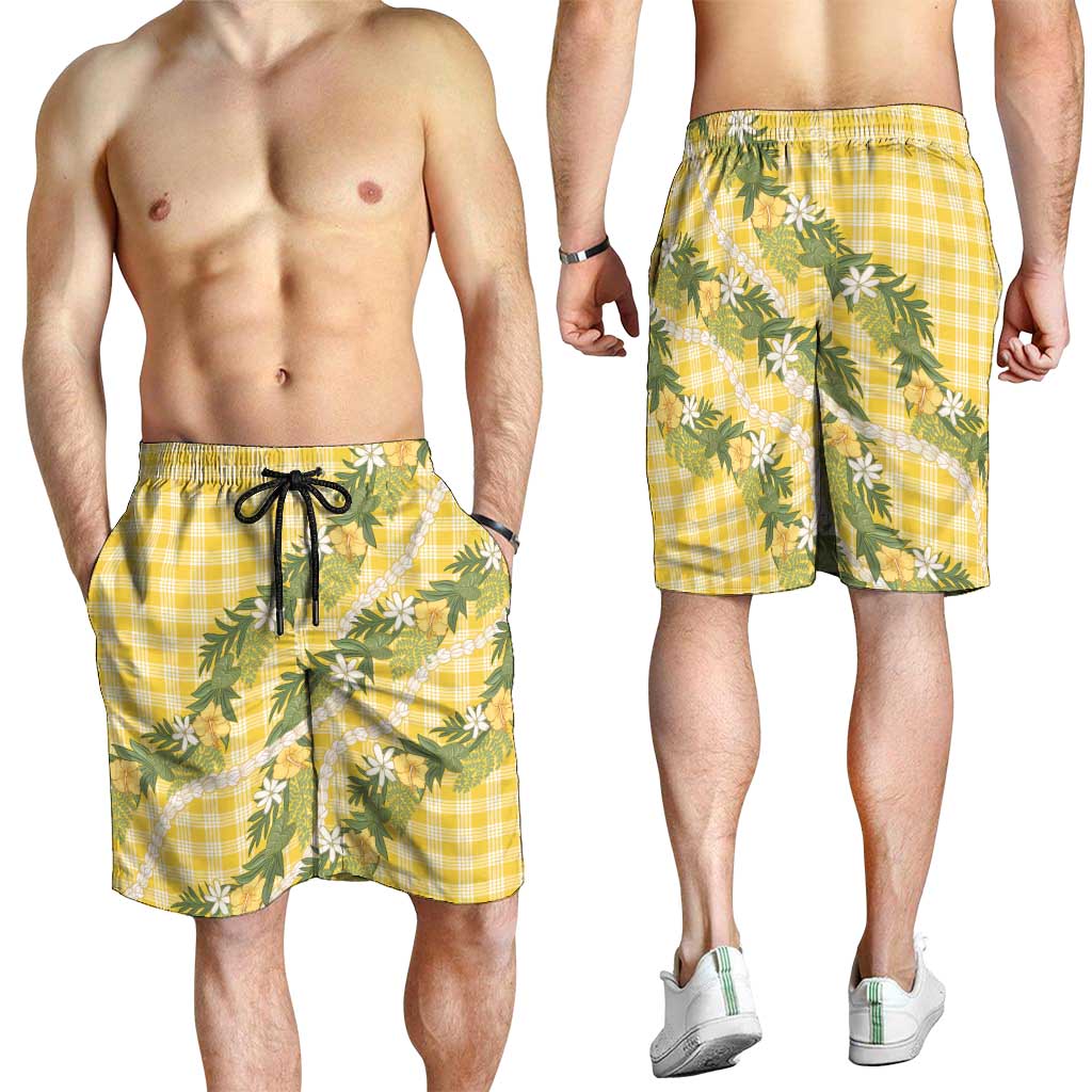Aloha Puakenikeni Anthurium Pikake Lei Shorts for Men Gold Hawaiian Palaka Pattern