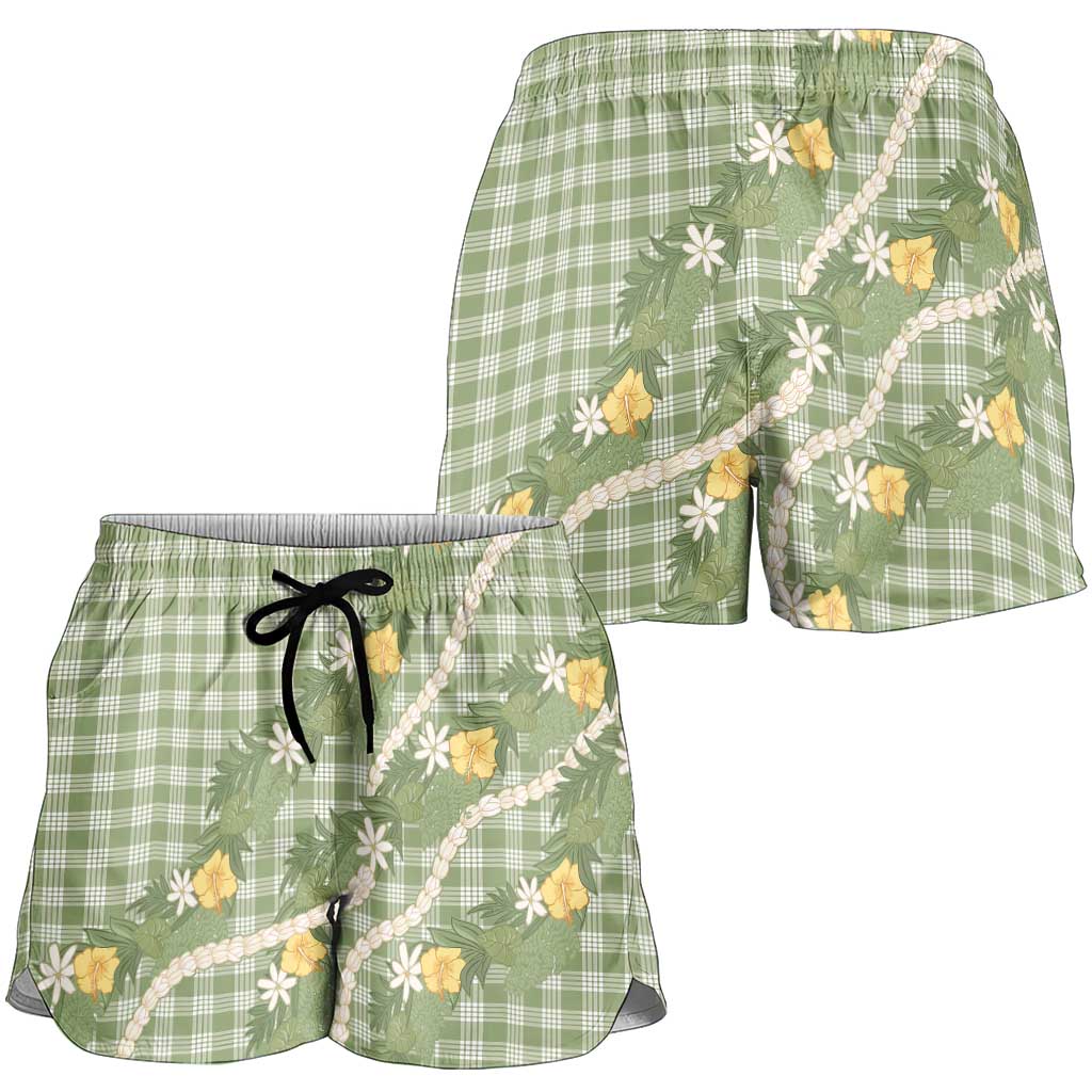 Aloha Puakenikeni Anthurium Pikake Lei Shorts for Women Green Hawaiian Palaka Pattern