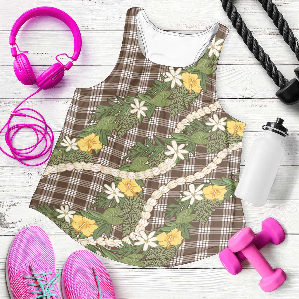 Aloha Puakenikeni Anthurium Pikake Lei Women Racerback Tank Chocolate Hawaiian Palaka Pattern