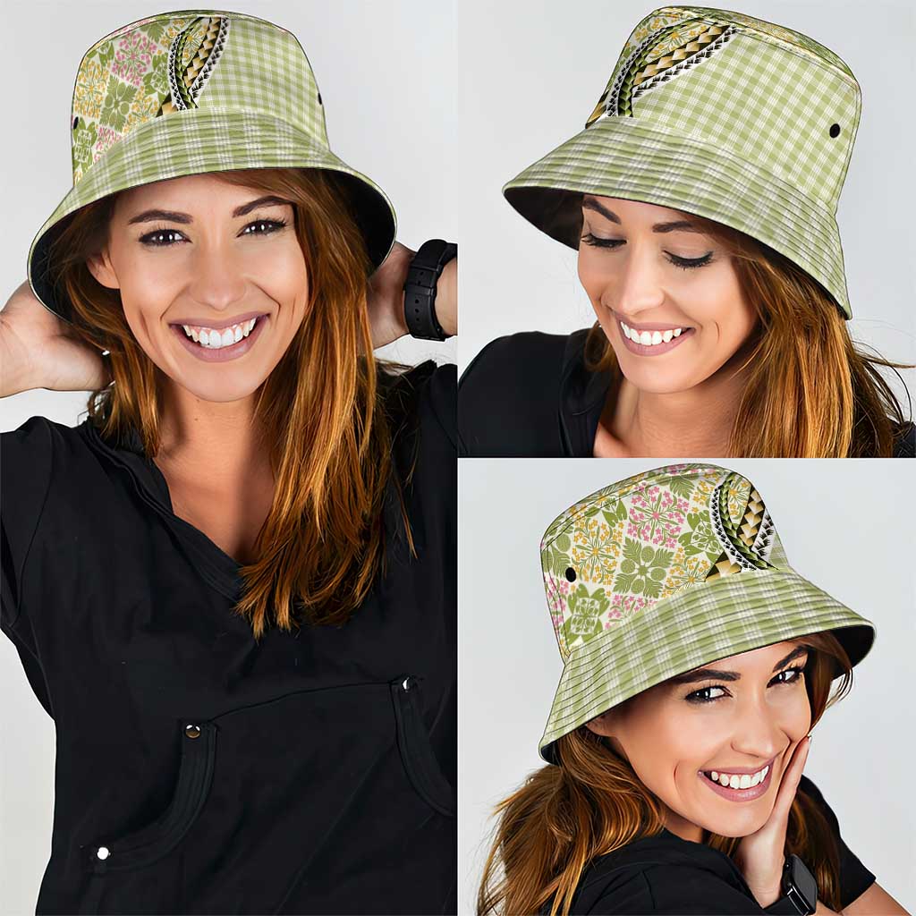 Aloha Vintage Palaka Floral Hawaiian Quilt Bucket Hat Omaomao Motif - Polynesian Pride