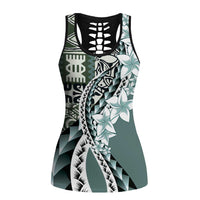 Aloha Vintage Plumeria Hawaiian Tapa Pattern Hollow Tank Top Dark Turquoise Hawaiian Tapa Pattern - Polynesian Pride