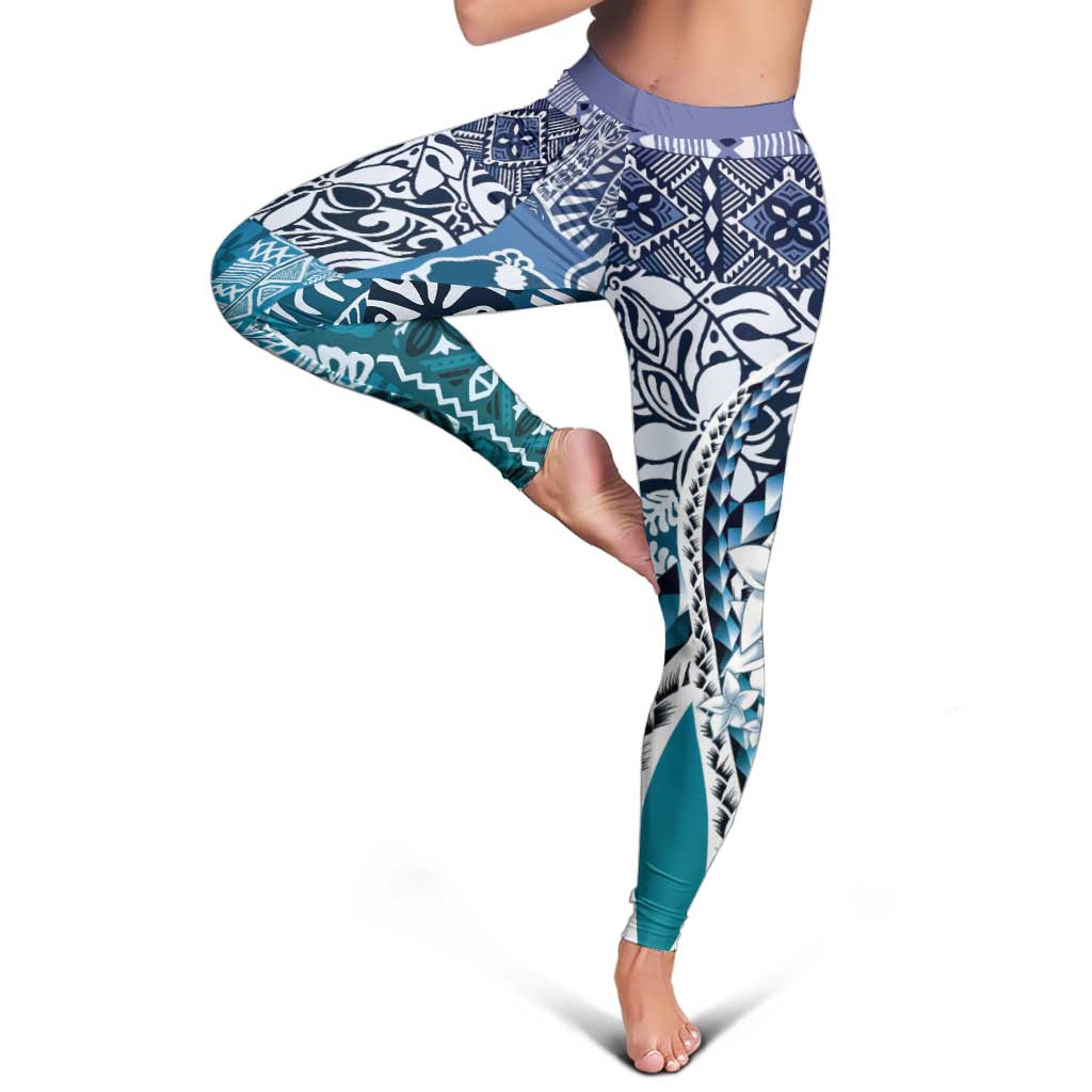 Aloha Vintage Plumeria Hawaiian Tapa Pattern Leggings Blue Hawaiian Tapa Pattern - Polynesian Pride