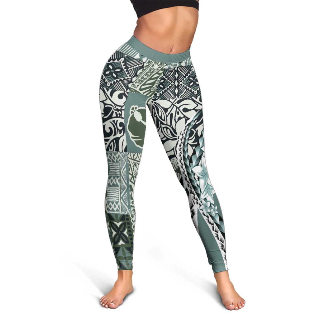 Aloha Vintage Plumeria Hawaiian Tapa Pattern Leggings Dark Turquoise Hawaiian Tapa Pattern - Polynesian Pride