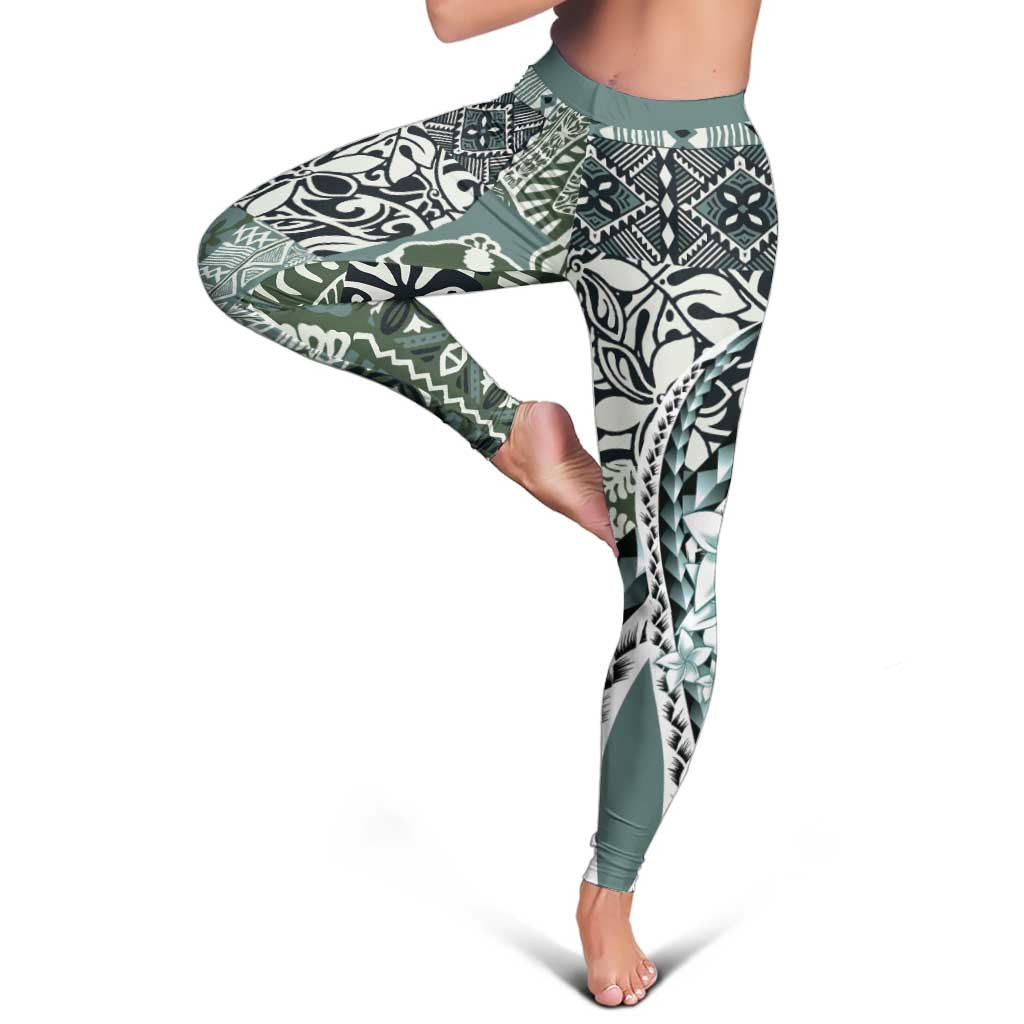 Aloha Vintage Plumeria Hawaiian Tapa Pattern Leggings Dark Turquoise Hawaiian Tapa Pattern - Polynesian Pride