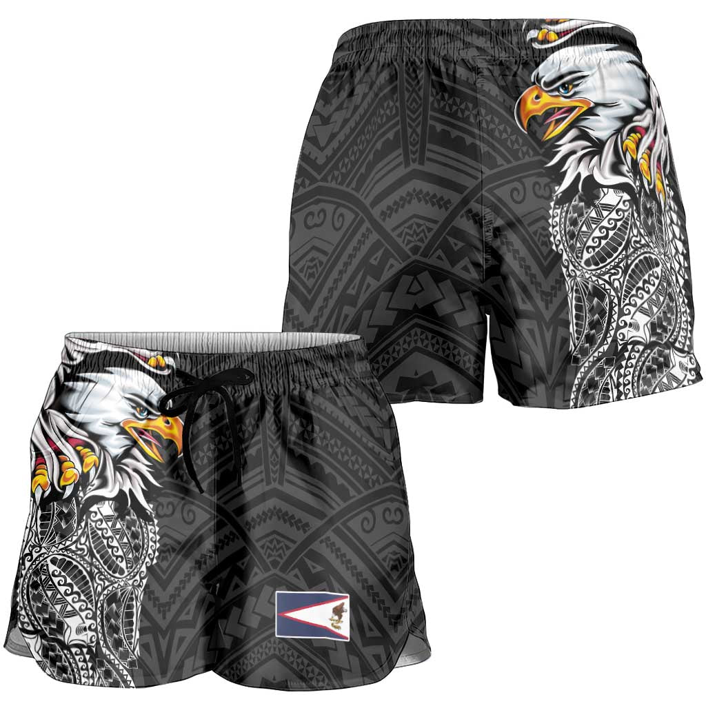 American Samoa Shorts for Women Tribal Tattoo with Eagle Black