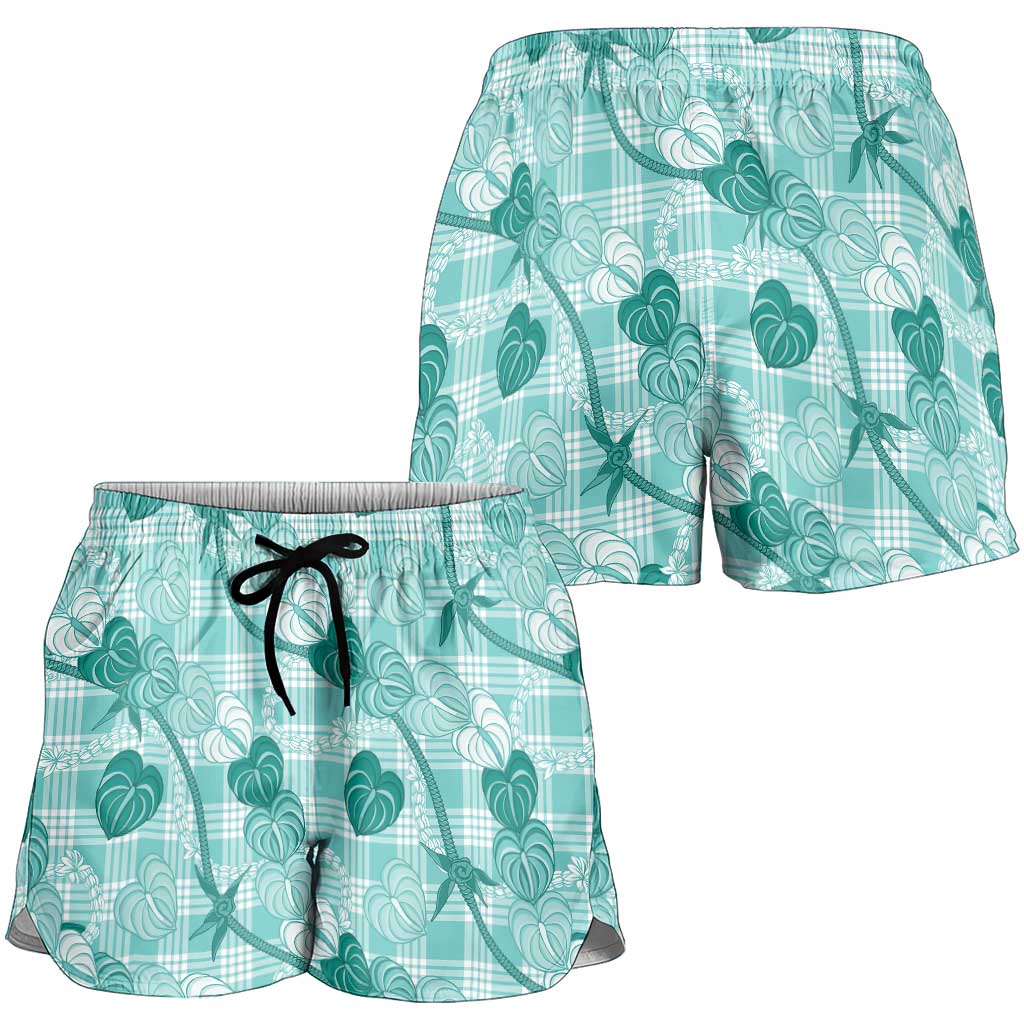 Anthurium Pikake Ti Leaf Palaka Shorts for Women Turquoise Version