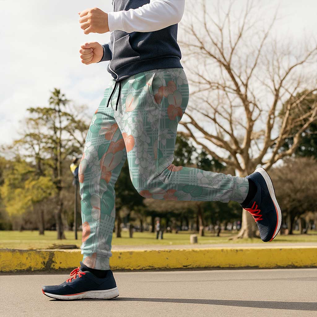 Anthurium Plumeria Lei Pastel Jogger Pants Teal Hawaiian Splendid Palaka