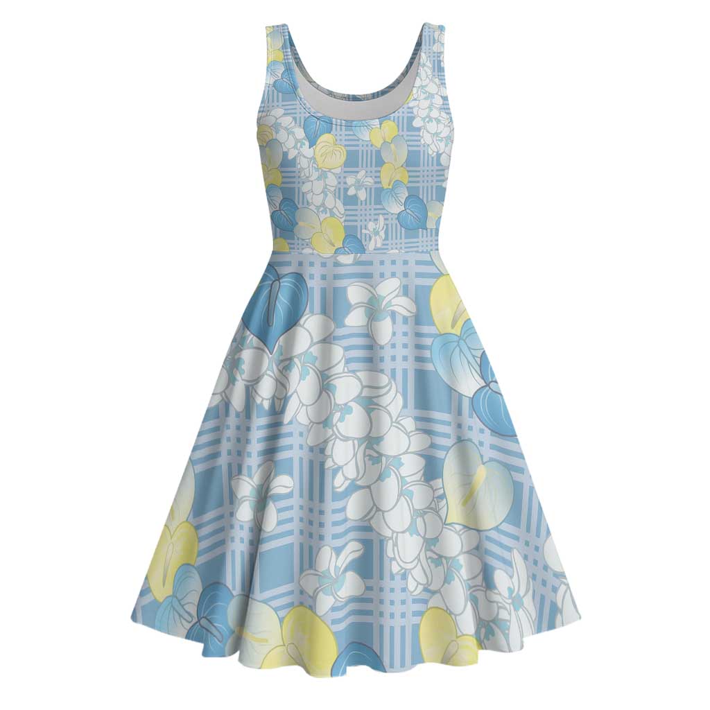 Anthurium Plumeria Lei Pastel Midi Dress Blue Hawaiian Splendid Palaka LT01 Blue - Polynesian Pride