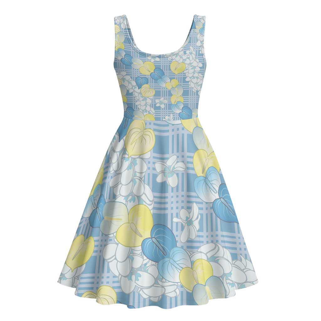Anthurium Plumeria Lei Pastel Midi Dress Blue Hawaiian Splendid Palaka LT01 - Polynesian Pride