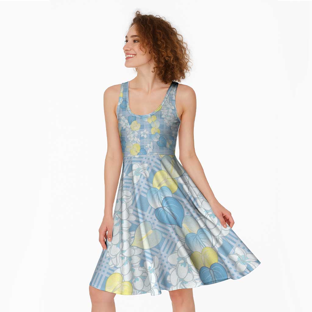 Anthurium Plumeria Lei Pastel Midi Dress Blue Hawaiian Splendid Palaka LT01 - Polynesian Pride