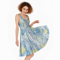 Anthurium Plumeria Lei Pastel Midi Dress Blue Hawaiian Splendid Palaka LT01 - Polynesian Pride