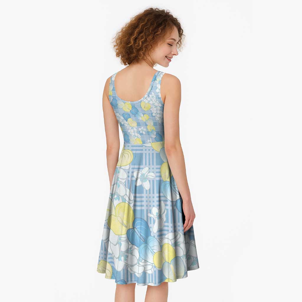 Anthurium Plumeria Lei Pastel Midi Dress Blue Hawaiian Splendid Palaka LT01 - Polynesian Pride