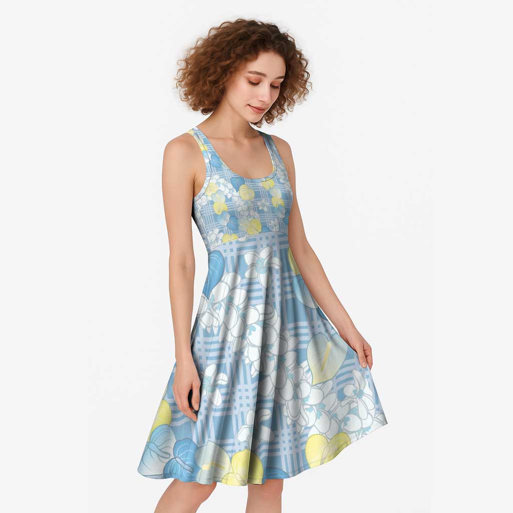 Anthurium Plumeria Lei Pastel Midi Dress Blue Hawaiian Splendid Palaka LT01 - Polynesian Pride