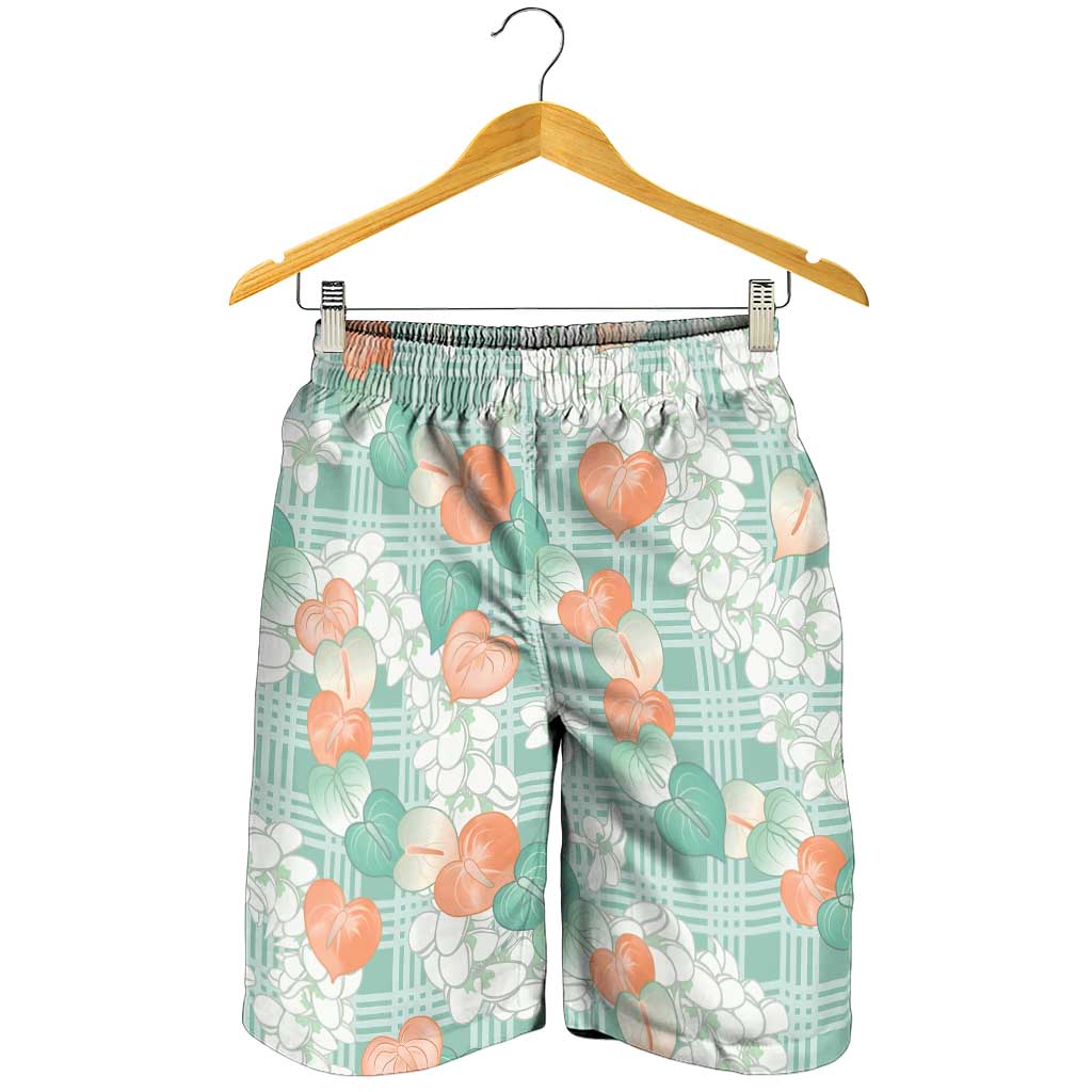 Anthurium Plumeria Lei Pastel Shorts for Men Teal Hawaiian Splendid Palaka