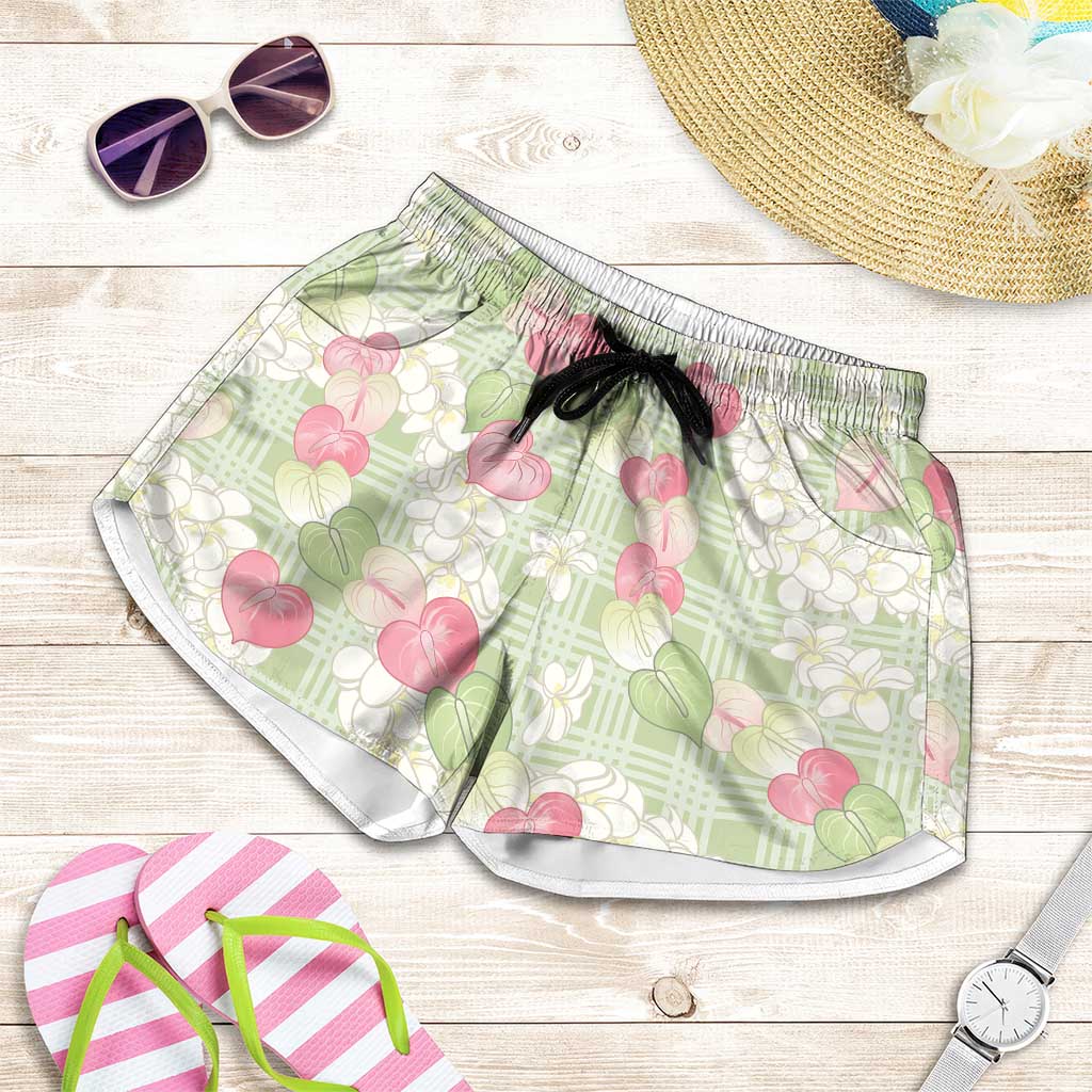 Anthurium Plumeria Lei Pastel Shorts for Women Green Hawaiian Splendid Palaka