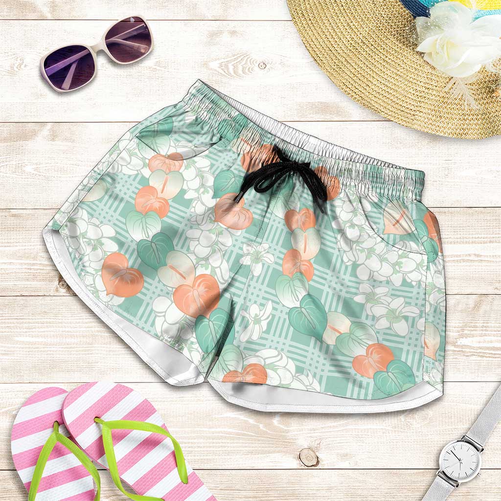 Anthurium Plumeria Lei Pastel Shorts for Women Teal Hawaiian Splendid Palaka