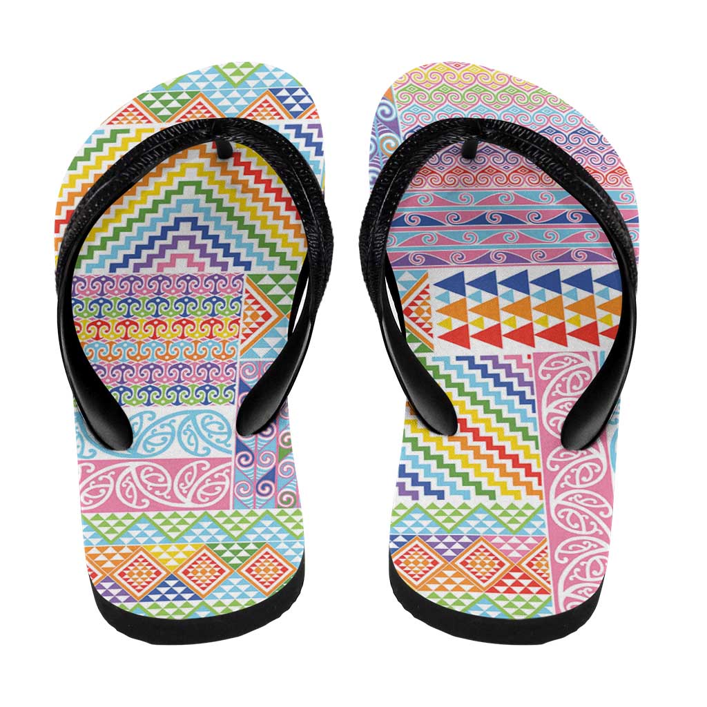 Aotearoa Kowhaiwhai Taniko Patchwork Rainbow Motifs Flip Flops LT9 - Polynesian Pride