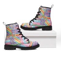 Aotearoa Kowhaiwhai Taniko Patchwork Rainbow Motifs Leather Boots LT9 Rainbow - Polynesian Pride