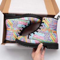 Aotearoa Kowhaiwhai Taniko Patchwork Rainbow Motifs Leather Boots LT9 - Polynesian Pride