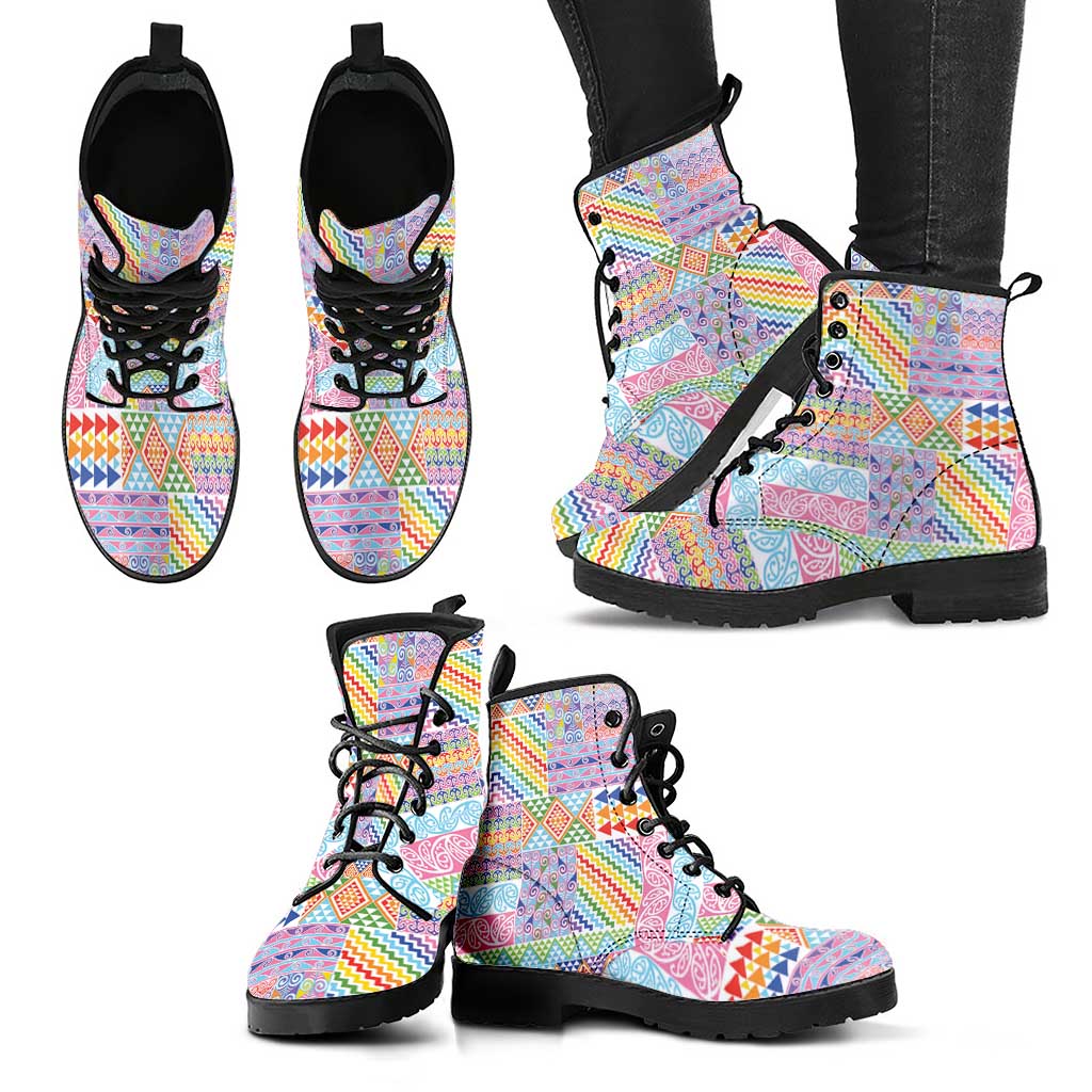 Aotearoa Kowhaiwhai Taniko Patchwork Rainbow Motifs Leather Boots LT9 - Polynesian Pride