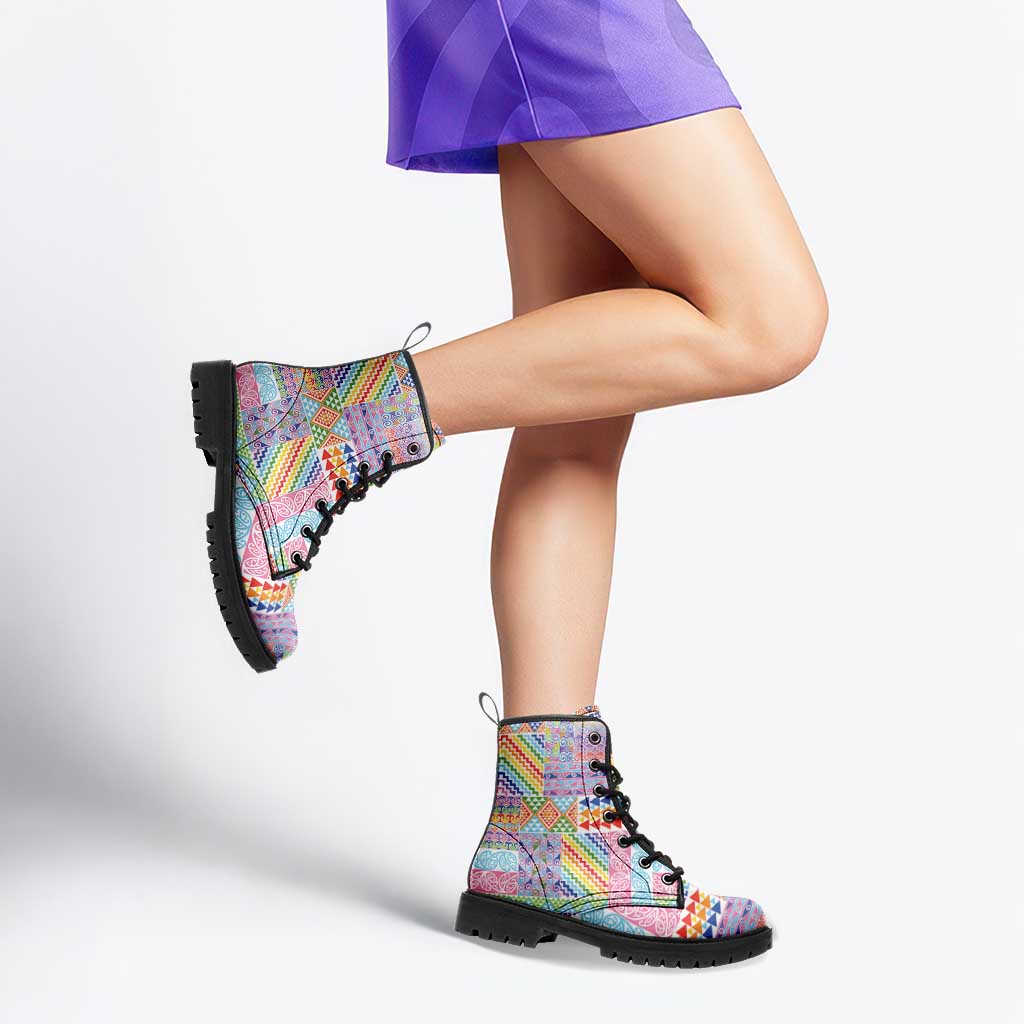 Aotearoa Kowhaiwhai Taniko Patchwork Rainbow Motifs Leather Boots LT9 - Polynesian Pride