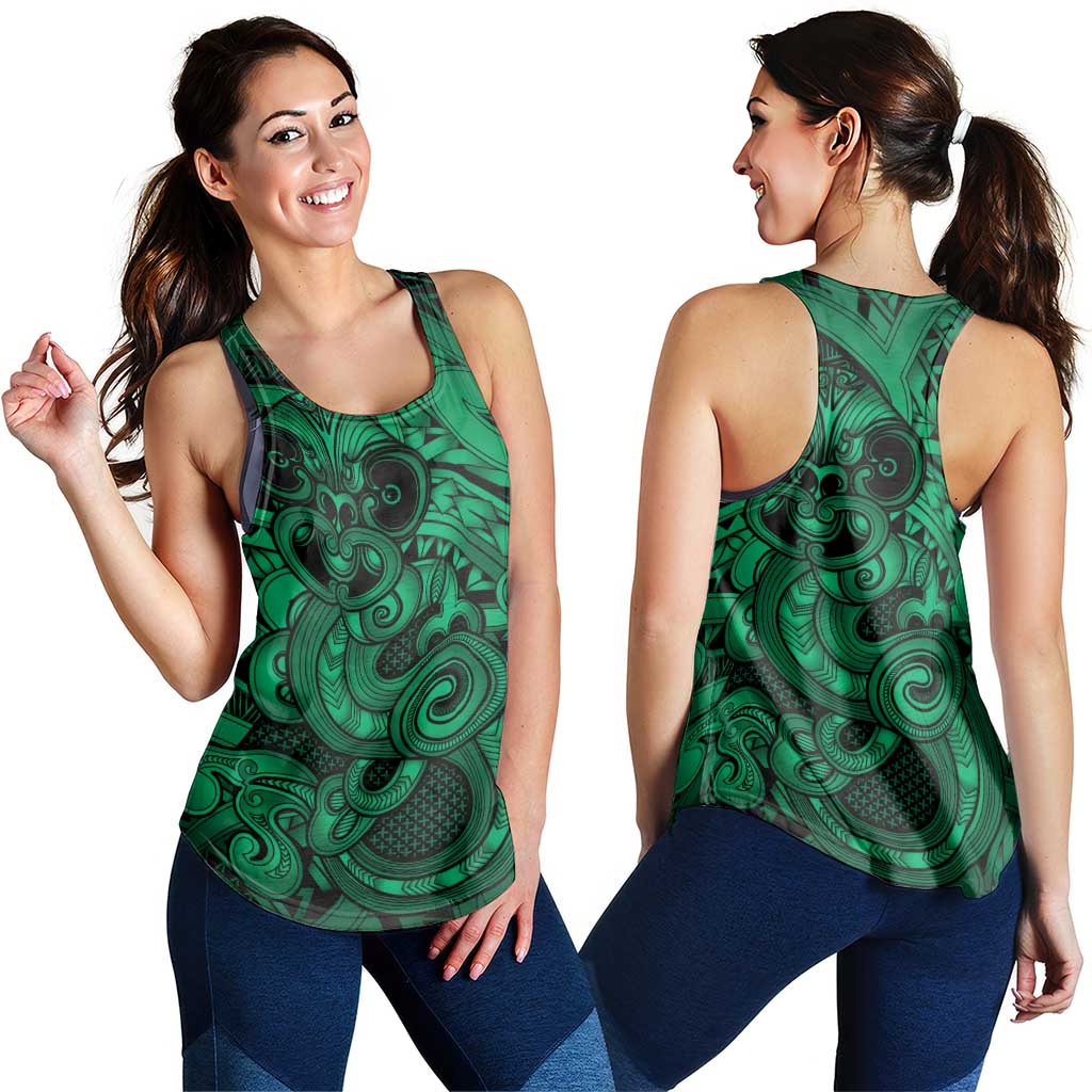 Aotearoa Maori Hei Tiki Women Racerback Tank Kakariki Kowhaiwhai Puhoro Motif