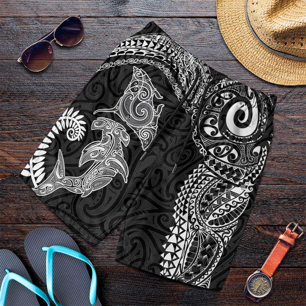 Aotearoa Maori Sea Animals Tribal Shorts for Men Manta Ray and Shark Moko Pattern Black Color