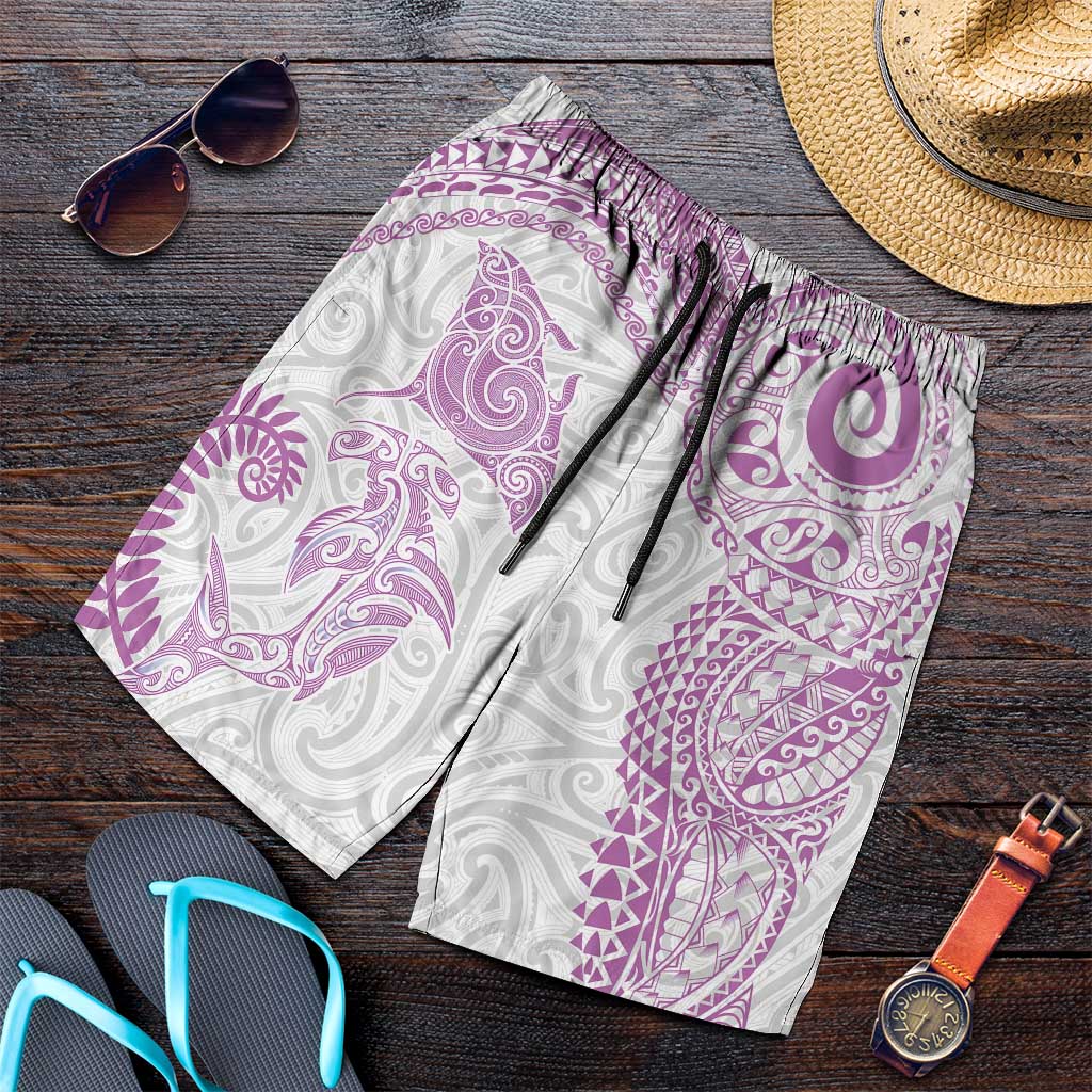 Aotearoa Maori Sea Animals Tribal Shorts for Men Manta Ray and Shark Moko Pattern Pink Color