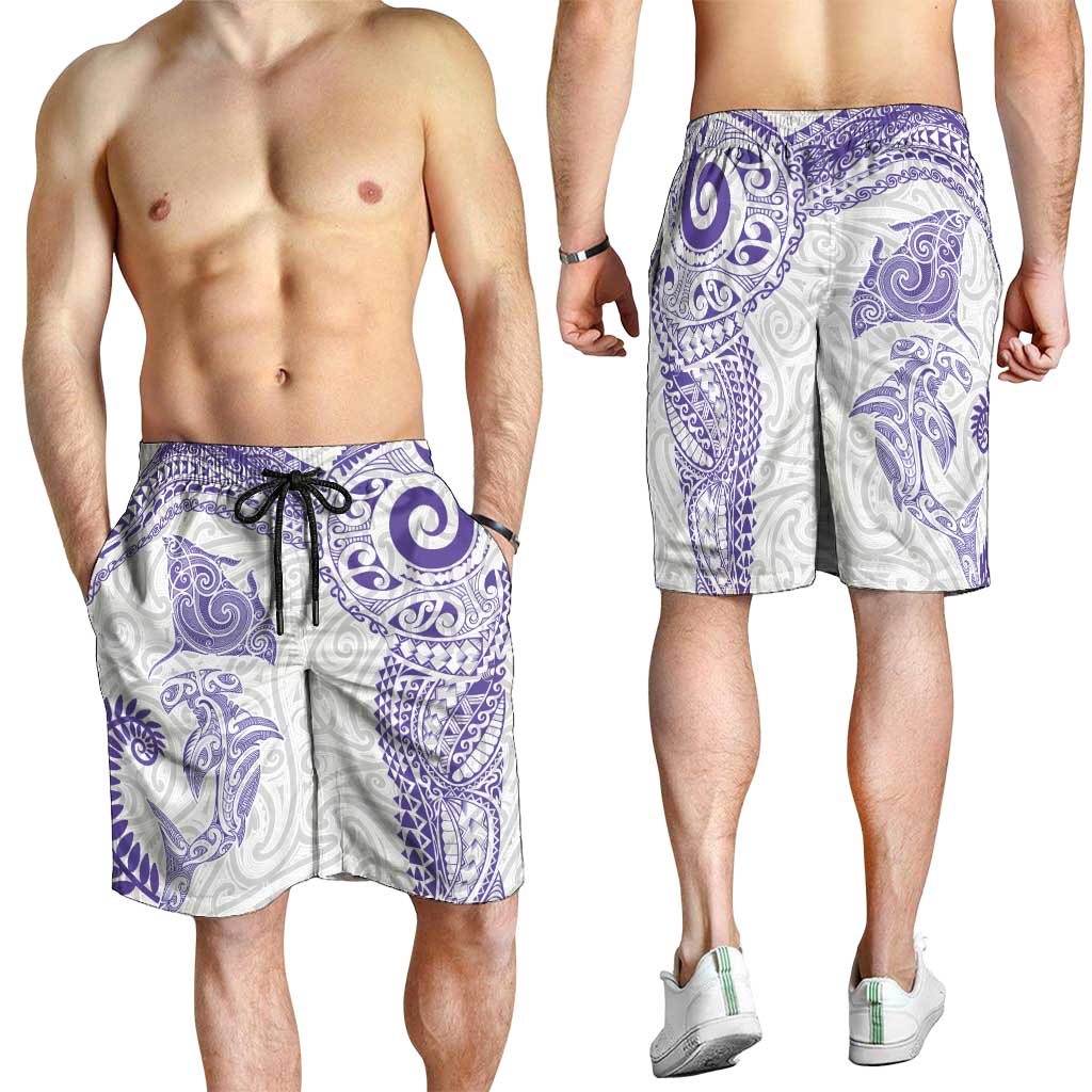 Aotearoa Maori Sea Animals Tribal Shorts for Men Manta Ray and Shark Moko Pattern Purple Color