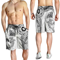 Aotearoa Maori Sea Animals Tribal Shorts for Men Manta Ray and Shark Moko Pattern White Color