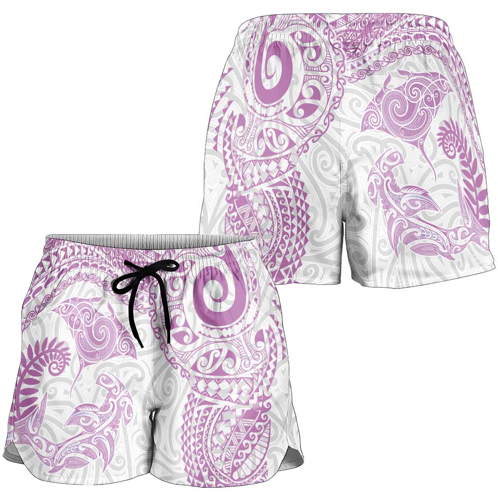 Aotearoa Maori Sea Animals Tribal Shorts for Women Manta Ray and Shark Moko Pattern Pink Color